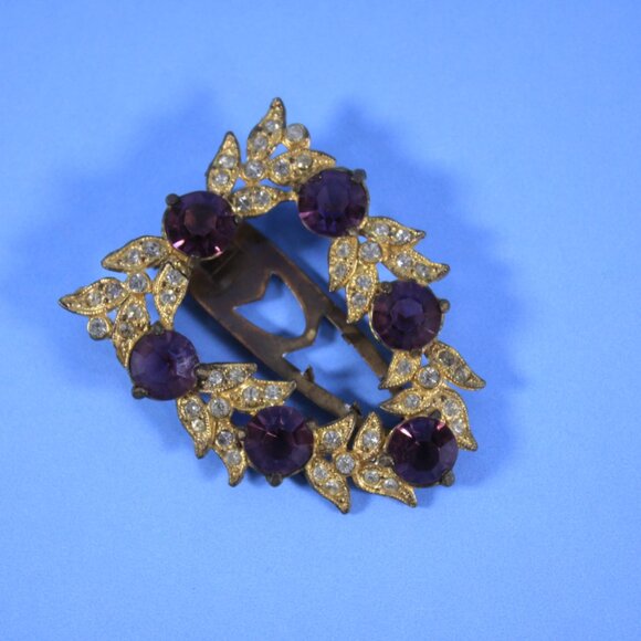 Antique dress clip gold tone laurel branches purple stones - Picture 5 of 9